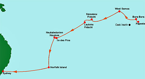 ... die Karte der geplanten Route von Tahiti nach Sydney ...