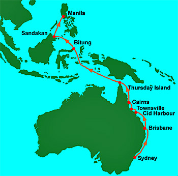 ... die Karte von Sydney nach Manila ...